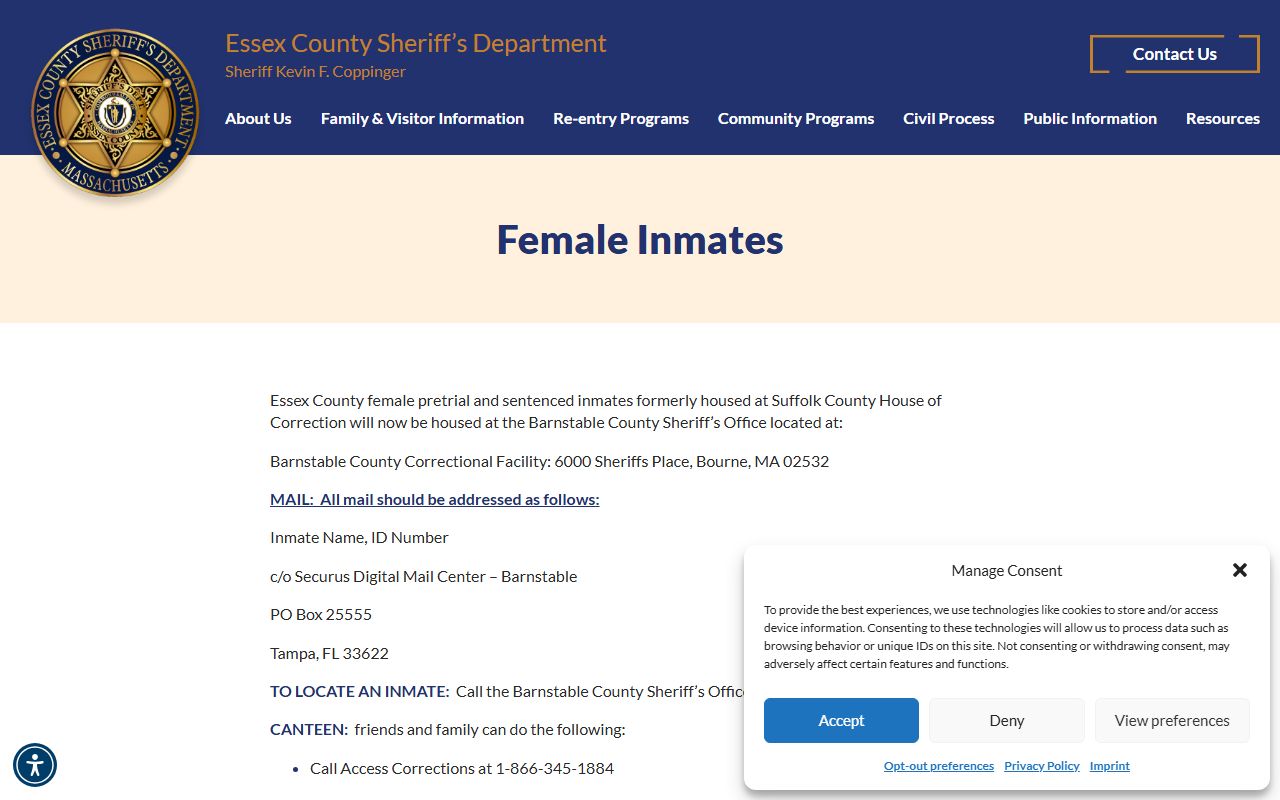 Official Essex County female inmates page routing custody to Barnstable