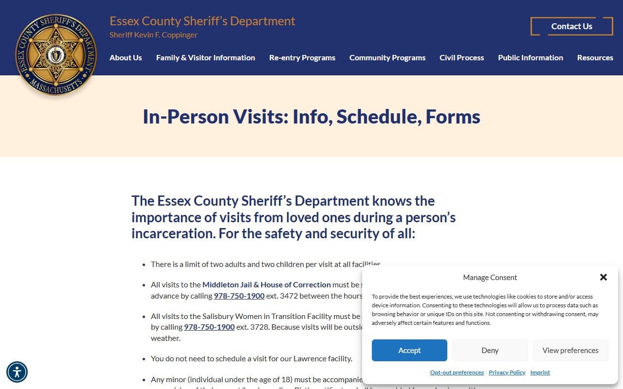 Official Essex County in-person visit rules page