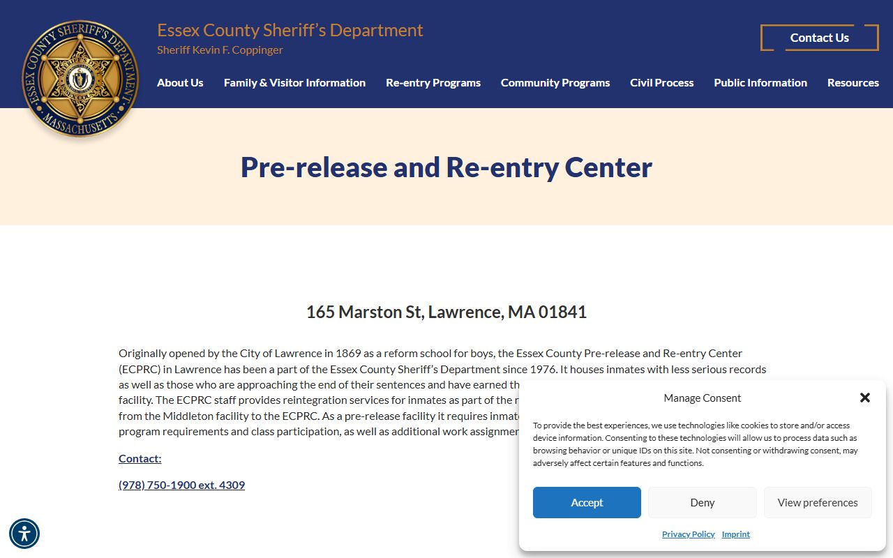 Official Essex County Pre-release and Re-entry Center facility page