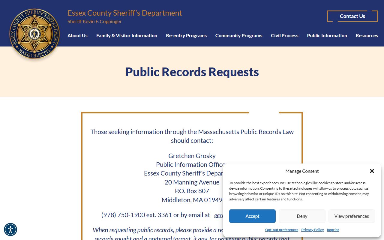 Essex County booking photo public records request page